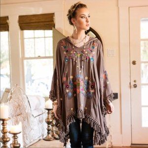 Evy’s Tree Kay Embroidered Poncho Desert Taupe Crinkle Rayon OS